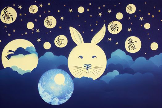 Happy Mid Autumn Festival Text Written In Chinese Language With Bunny Ears, Full Moon And Paper Cut Waves On Blue Background.