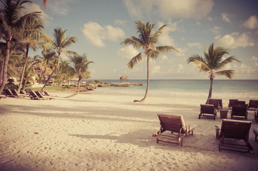 Tropical Paradise. Dominican Republic, Seychelles, Caribbean, Mauritius, Philippines, Bahamas. Relaxing on remote Paradise beach. Vintage.