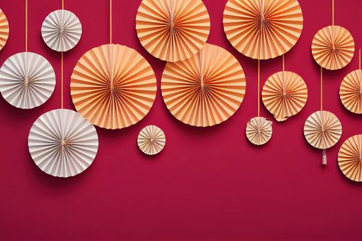 Chinese beige minimal background with pedestal, podium, round stage for product display presentation. Happy Chinese new year concept with folded paper fans. Mid autumn festival background. 3d render