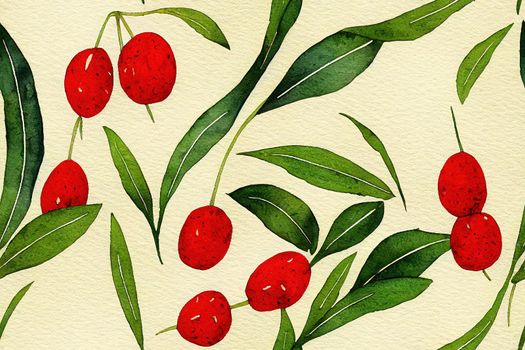 Watercolor Herbal Pattern with Red Berries, Green Leaves and Tree Branches