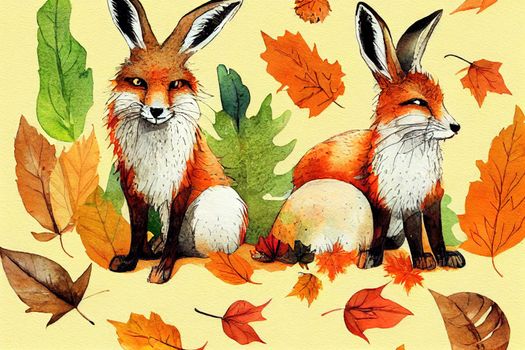 Watercolor illustration of fox and rabbit, hare, bunny, funny animals, autumn forest, friends, autumn vibes, Thanksgiving, leaf fall, watercolor texture.