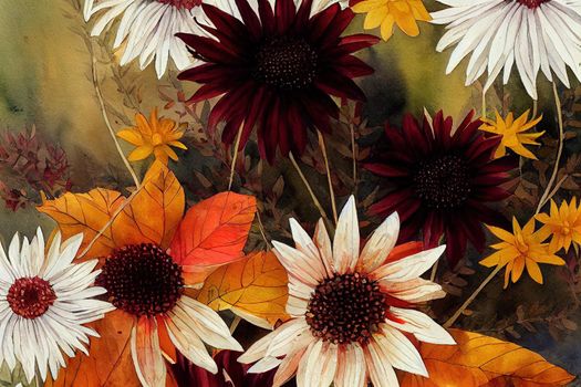 Watercolor fall birds with garden flowers burgundy, white and terracotta asters and chrysanthemums and autumn leaves.