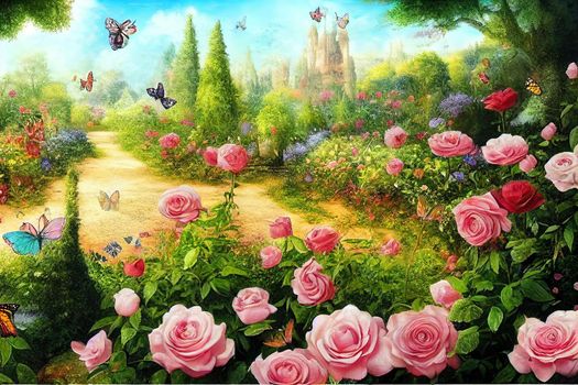 Beautiful summer landscape of wonderland.Fantastic mystical garden with roses and butterflies