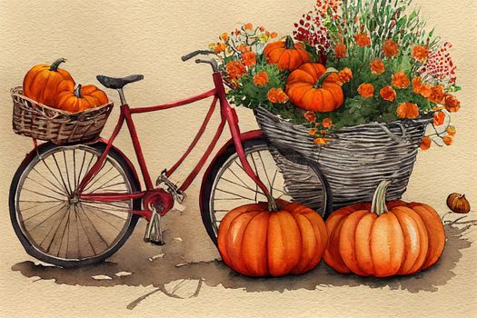 Red bike with a basket of flowers and pumpkins and a September pointer. Hand drawn watercolor illustration. Autumn background. Watercolor sketch.