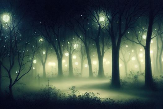 Enchanted garden night time scene with mist . High quality 2d abstract illustration