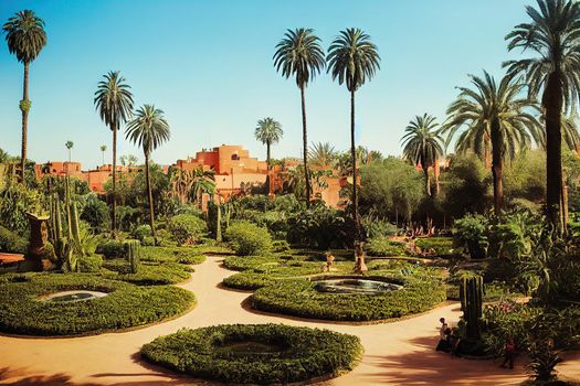 Tropical landscape garden, lush background in park setting, enchanting garden Jardins Majorelle in the heart of Marrakesh