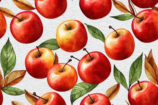 Watercolor seamless autumn pattern, red apples, berries, leaves, flowers, mushrooms and basket with apples on white background. Pattern for autumn products, Thanksgiving, harvest etc.