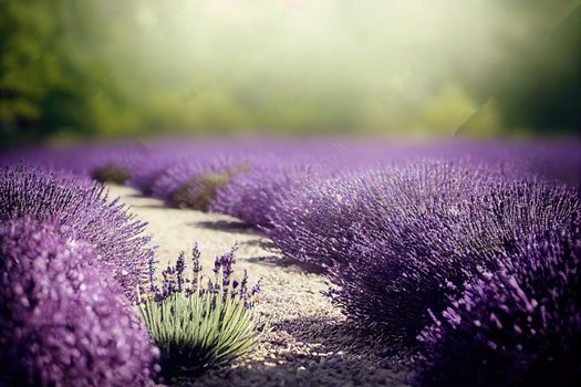 Lavender garden, flower bed in bloom, soft focus, late summer garden with purple lavender, calamint, wormwood, sage, globe thistle and verbena blooming next to a path , ornamental plants concept