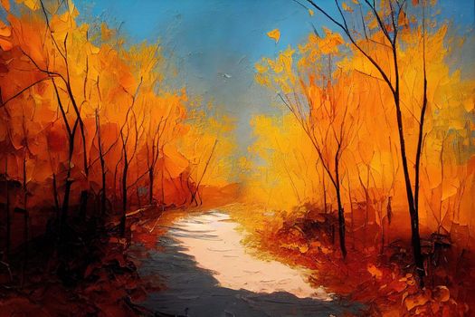Autumn forest , orange leaves.Original landscape painting with oil paints.