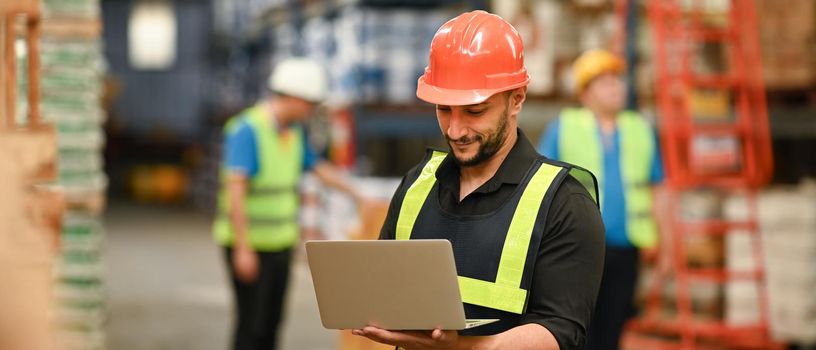 Handsome male warehouse manager in hardhats and reflective jackets on laptop for checking stock and order details.