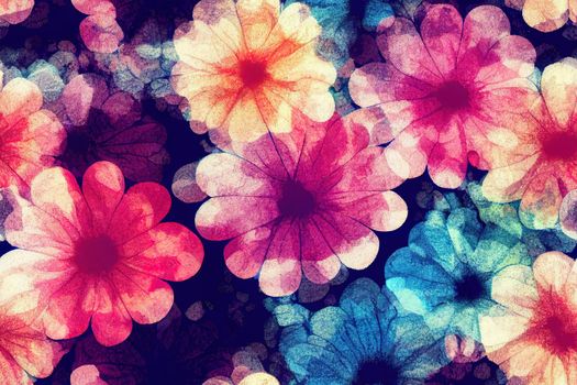 Blurry fuzzy floral seamless repeat pattern. Color blurred abstract flowers in trendy style. Backdrop for cloth, dress, fabric, textile, texture or wrapping.