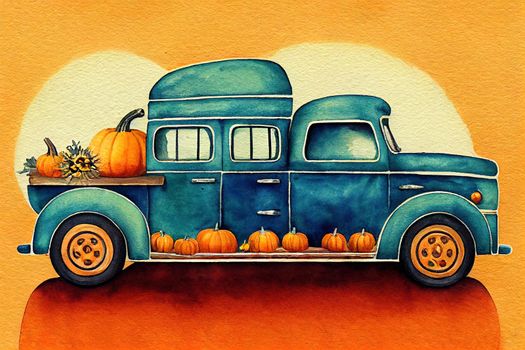 Watercolor Pumpkin Truck,Autumn Harvest Truck,Thanksgiving arrangement,Pick Up Car,Vintage Car with pumpkin and Sunflower,Fall emerald Truck.