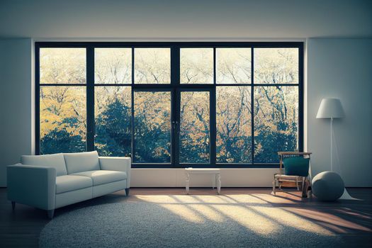 Stylish room in white color with sofa and autumn landscape in window. Scandinavian interior design. 3D illustration