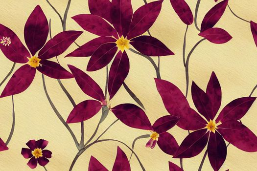 Floral seamless pattern with pressed flowers and leaves burgundy and delicate yellow colors. Watercolor print in vintage herbarium style, isolated illustration for textile, wallpaper or wrapping paper