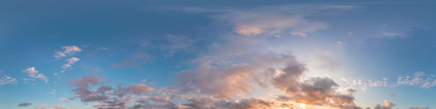 Dark blue sunset sky panorama with pink Cumulus clouds. Seamless hdr 360 pano in spherical equirectangular format. Full zenith for 3D visualization, game, sky replacement for aerial drone panoramas