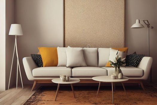 Retro living room in white and beige tones closeup. Sofa, rattan table with autumn decors. Boho chic design, fall interior concept, 3d illustration