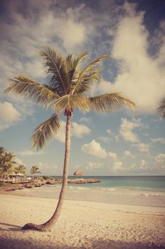 Tropical Paradise. Dominican Republic, Seychelles, Caribbean, Mauritius, Philippines, Bahamas. Relaxing on remote Paradise beach. Vintage.