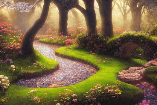 Enchanted garden with stone bridge illustration. High quality 2d abstract illustration