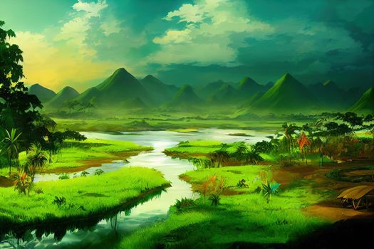 Papua New Guineaanime style 2d background illustration cartoonish style, high quality illustration