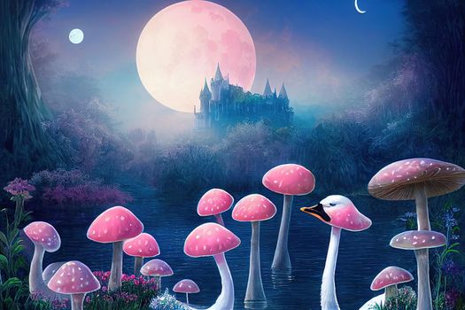 Fantasy magical enchanted fairy tale landscape with swan swimming in lake, fabulous fairytale blooming pink rose flower garden and mushrooms on mysterious blue background and glowing moon ray in night