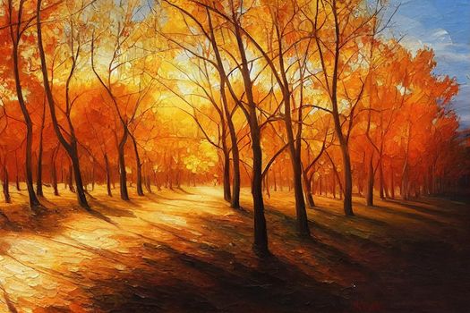 Oil painting on canvas. Autumn landscape. Modern impressionism.