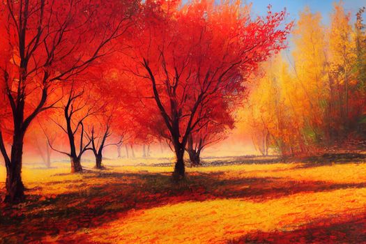 Colorful autumn landscape. Fall season with red and orange trees. Beautiful painting of an outdoor scenery. Scenic view of nature with trees and pines. Colorful pastel painting on a foggy day.