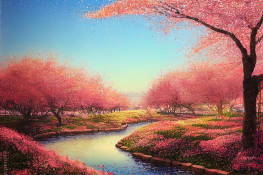Cherry blossoms garden. High quality 2d illustration
