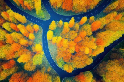 Drone view of rural road in yellow and orange autumn forest with blue lake in Finland, 3D rendering.