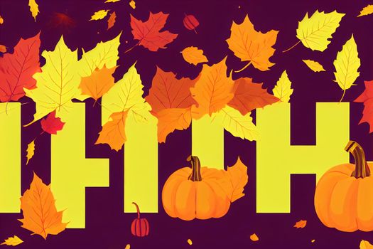 Autumn sale promotion banner template with space for text. Aesthetic background. Tree with red, yellow leaves, orange pumpkins, gifts and shopping bags on the grass. Bright 3d fall illustration.