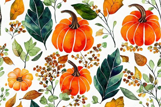 Watercolor autumn seamless pattern with white and orange pumpkin arrangement, fall colorful flowers, leaves, berries. Botanical seamless pattern. Harvest themed design.