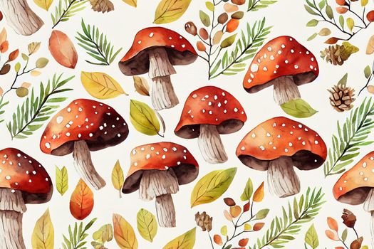 Watercolor autumn forest pattern. Hand painted mushroom, rowan, fall leaves, tree branch, pine cone, berry and acorn isolated on white background. Nature illustration for design