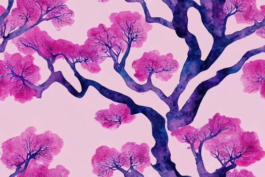 Watercolor seamless pattern, background with vintage pattern. Pink bush, tree, beautiful landscape in pink, lilac color. On a white background. Stylish fashion illustration
