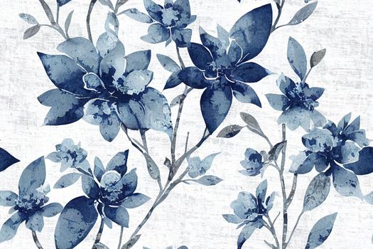 Seamless french farmhouse floral linen printed background. Provence blue gray pattern texture. Shabby chic style woven background. Textile rustic scandi all over print effect. Watercolor paint motif
