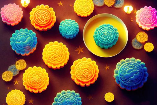 Traditional Vietnamese Mid Autumn Festival mooncakes, colorful rooster lights, star lights stick