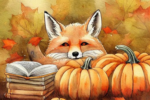 Watercolor card with a fox reading a book on a rocking chair, in a square frame of autumn leaves, autumn vibes, pumpkins, watercolor texture, inscription cozy autumn.