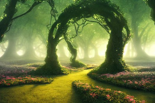 Spectacular archway covered with vine in the middle of fantasy fairy tale forest landscape, misty on spring time. Digital art 3D illustration.