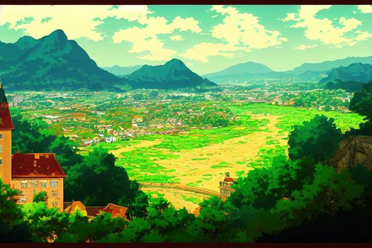 Liechtensteinanime style 2d background illustration cartoonish style, high quality illustration
