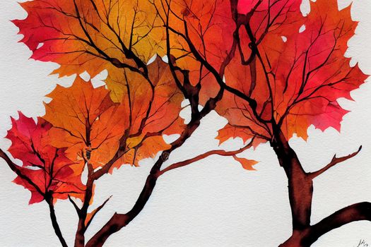 Colorful autumn with oak leaves branches, illustration watercolor with hand drawn. Suitable for decorate in the fall festival, greeting cards or posters.