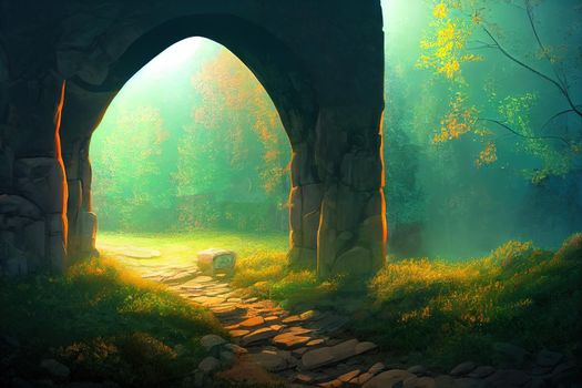 Glowing portal in ancient stone arch against bare autumn forest. Mysterious place with rock pillars and way to other world 3d illustration