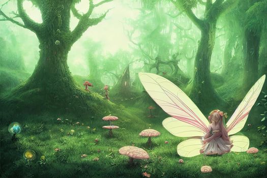 Fantasy forest with cute fairies illustration. High quality illustration