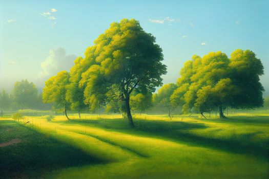 Background with tree and lanterns in a green field. High quality illustration