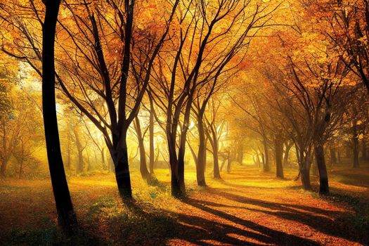 Autumn trees in park alley forest with sunny light. AI generated art background landscape