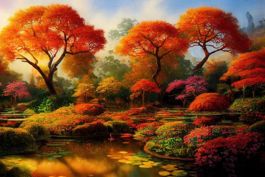 Fantasy artwork of oriental autumn garden with beautiful colorful trees and a pond