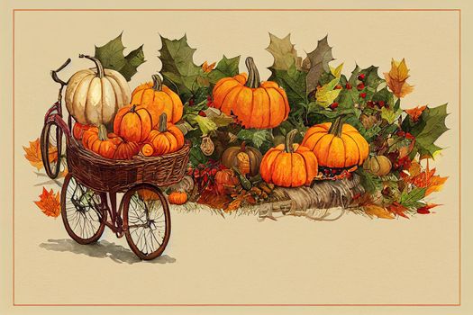 Autumn card with bicycle, wickers baskets, pumpkins, apples, robin birds, maple leaves and bunting garland. Holiday watercolor poster for Thanksgiving day, symbol harvest and ecology transport.