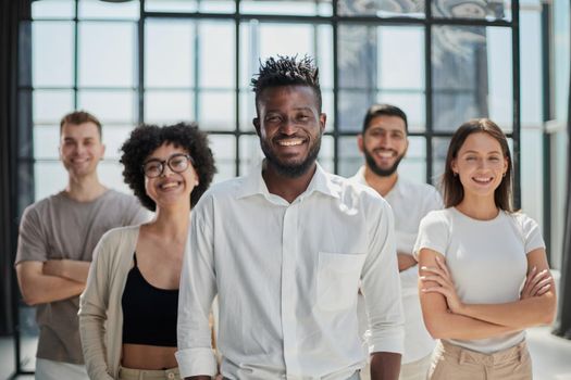 Face of beautiful woman on the background of business people