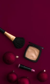 Cosmetic branding, fashion blog cover and girly glamour concept - Make-up and cosmetics product set for beauty brand Christmas sale promotion, luxury burgundy flatlay background as holiday design