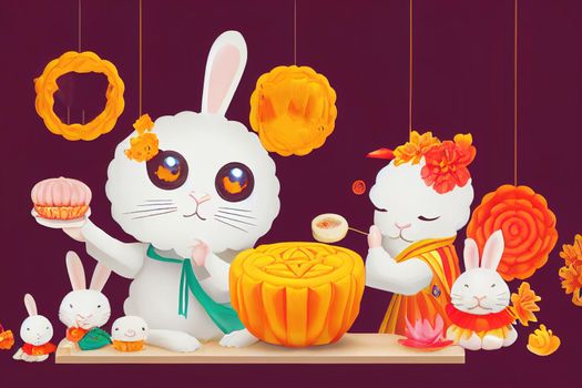 Asian mooncake bakery theme banner. Cute white rabbits making tasty moon cakes together to celebrate the holiday. Translation Happy mid autumn festival.
