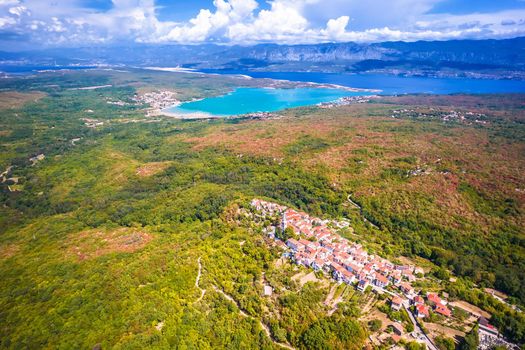 Historic town of Dobrinj and turquoise Soline bay aerial panoramic view, Island of Krk, Kvarner Gulf of Croatia