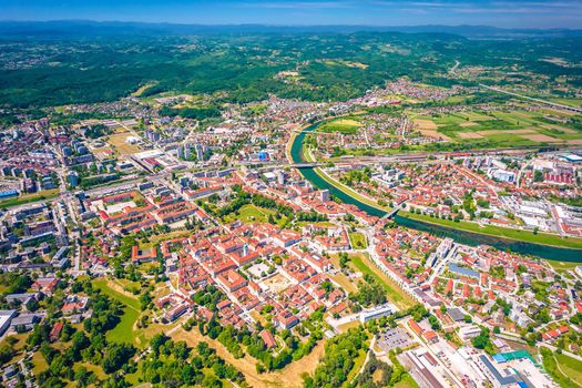 Town of Karlovac on four rivers aerial panoramic view, central Croatia
