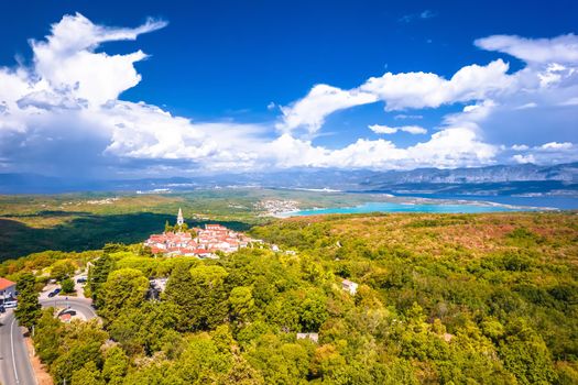 Historic town of Dobrinj and turquoise Soline bay aerial panoramic view, Island of Krk, Kvarner Gulf of Croatia